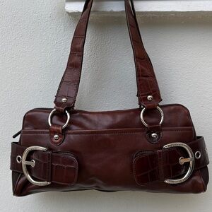 Franco Sarto Brown Leather Shoulder Bag with crocodile and bossed accents